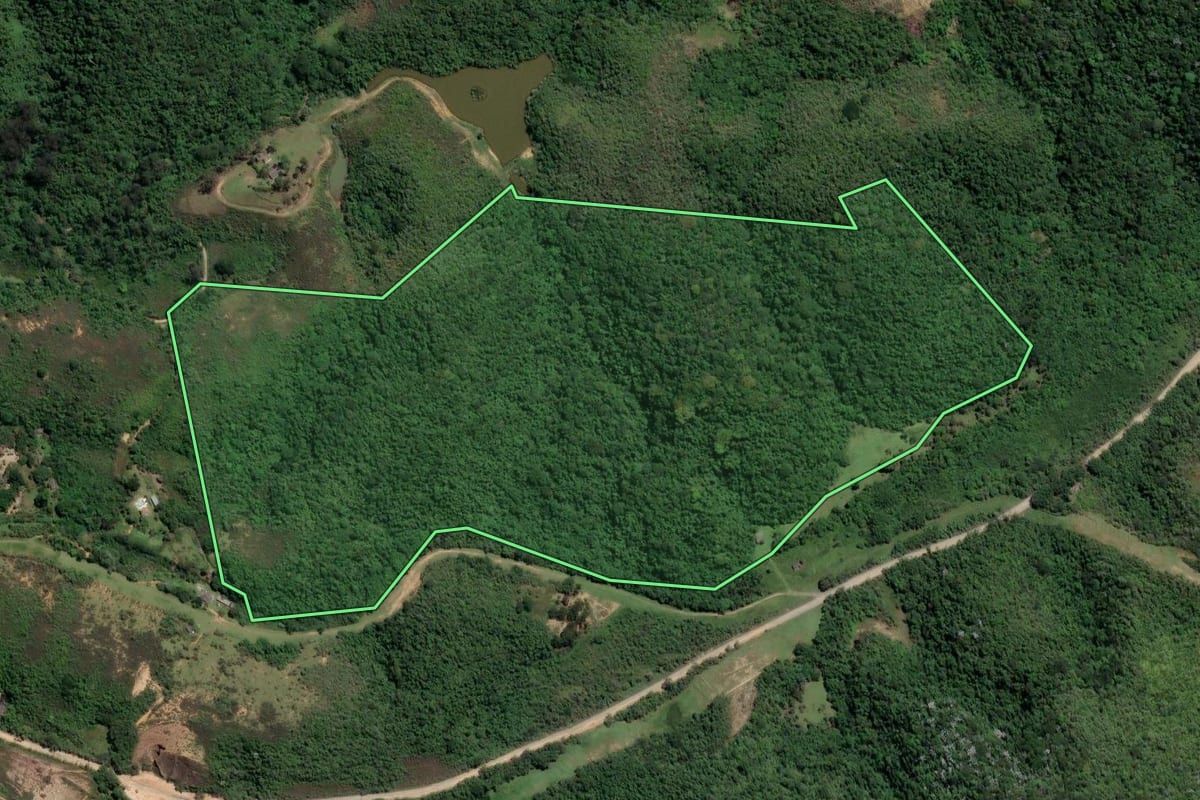 Imagem de satélite do imóvel rural em Nova Iguaçu (RJ), com o contorno declarado no CAR desenhado por cima.