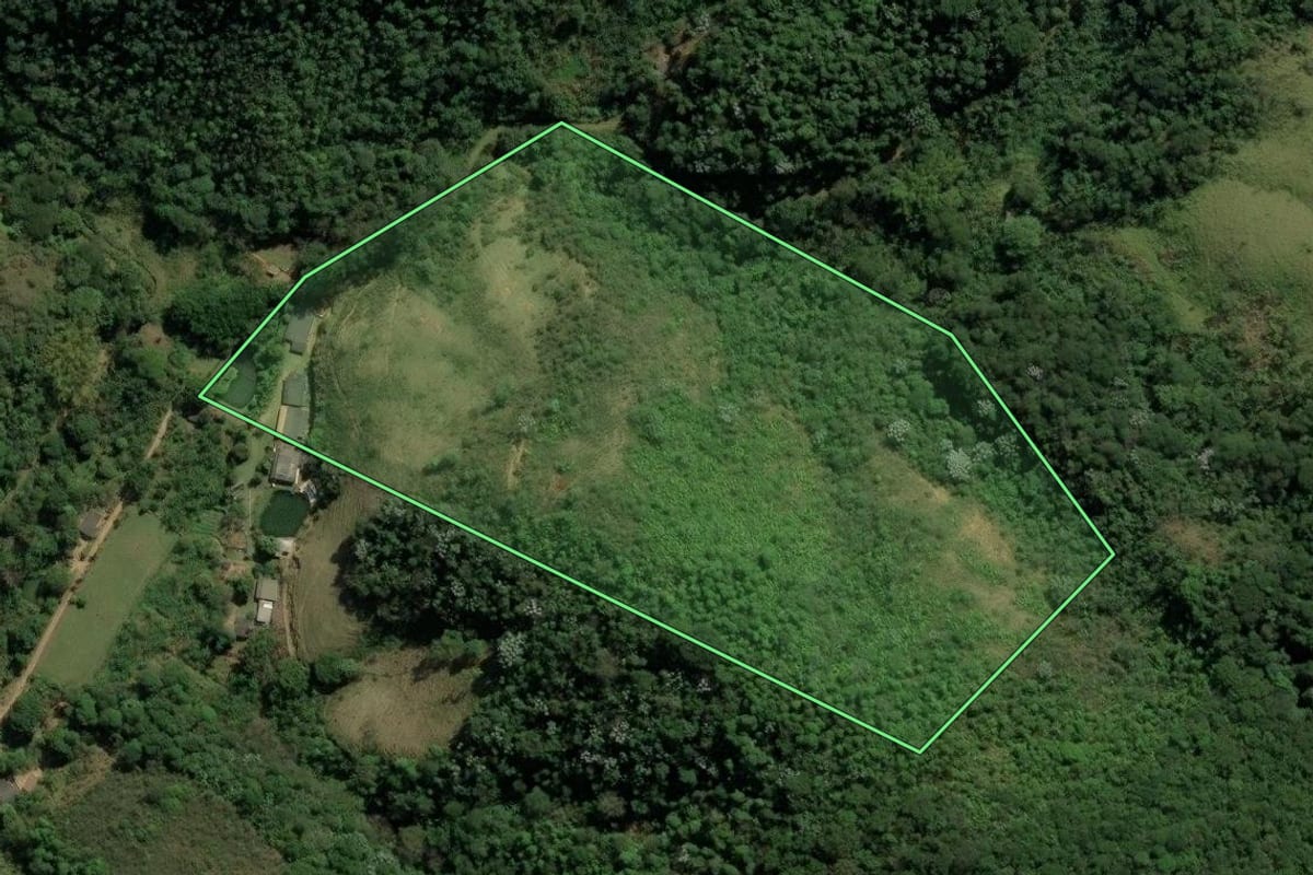 Imagem de satélite do imóvel rural em Paracambi (RJ), com o contorno declarado no CAR desenhado por cima.
