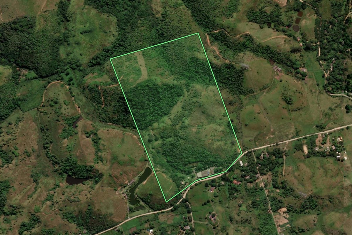 Imagem de satélite do imóvel rural em Paracambi (RJ), com o contorno declarado no CAR desenhado por cima.