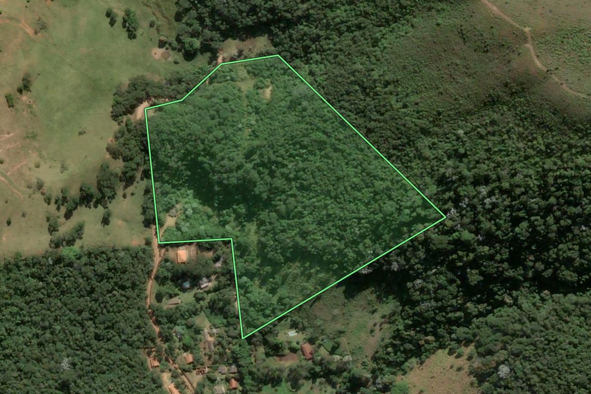 Imagem de satélite do imóvel rural em Paty do Alferes (RJ), com o contorno declarado no CAR desenhado por cima.