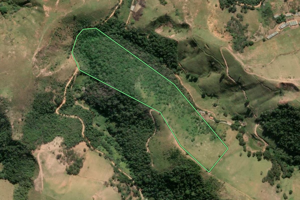Imagem de satélite do imóvel rural em Paty do Alferes (RJ), com o contorno declarado no CAR desenhado por cima.
