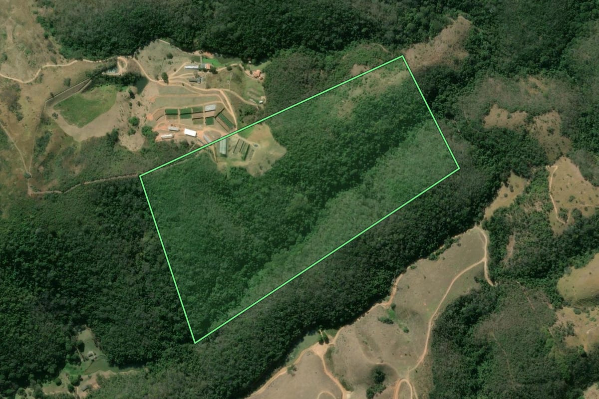 Imagem de satélite do imóvel rural em Paty do Alferes (RJ), com o contorno declarado no CAR desenhado por cima.