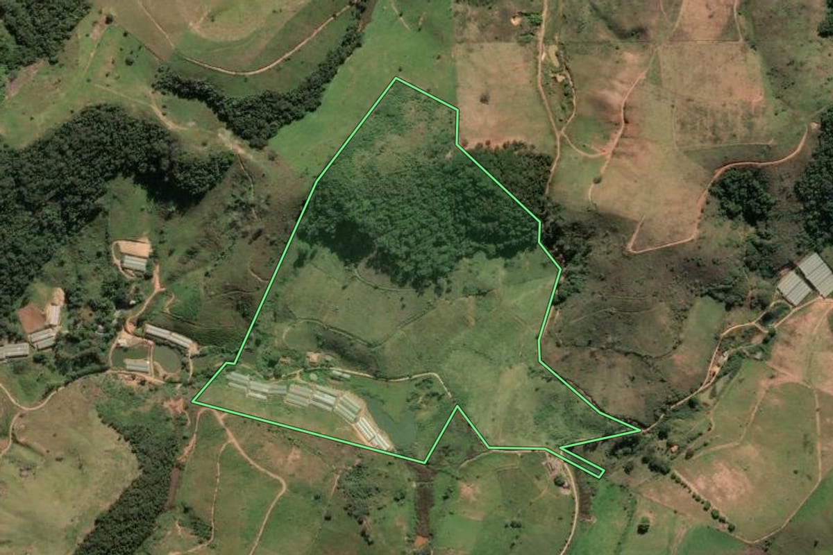 Imagem de satélite do imóvel rural em Paty do Alferes (RJ), com o contorno declarado no CAR desenhado por cima.