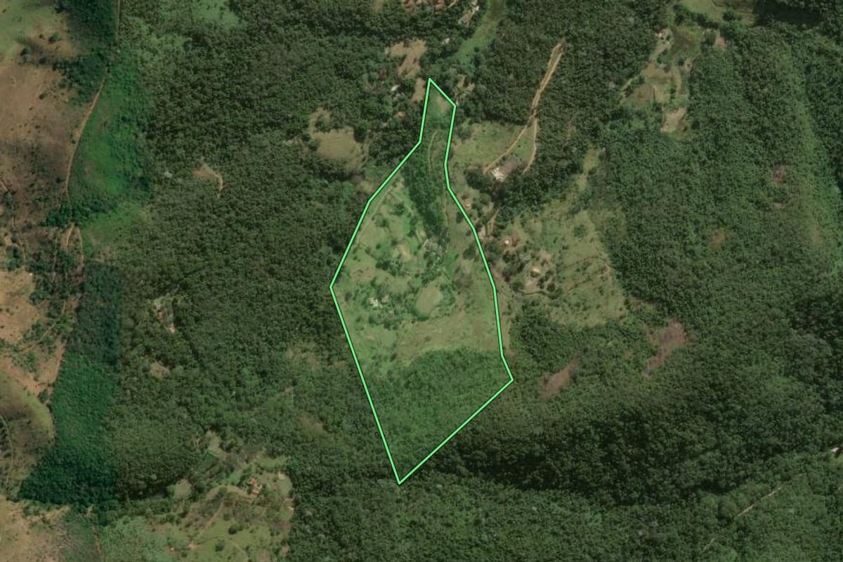 Imagem de satélite do imóvel rural em Petrópolis (RJ), com o contorno declarado no CAR desenhado por cima.