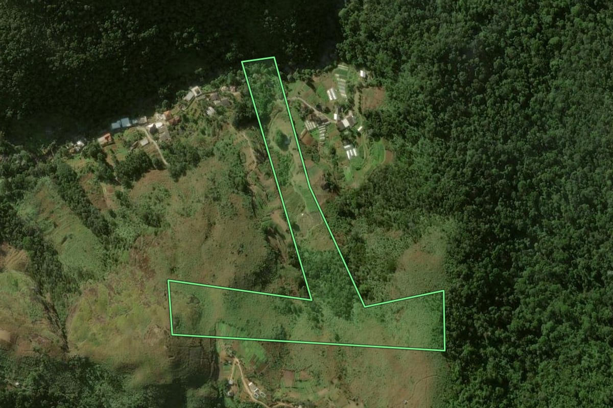 Imagem de satélite do imóvel rural em Petrópolis (RJ), com o contorno declarado no CAR desenhado por cima.
