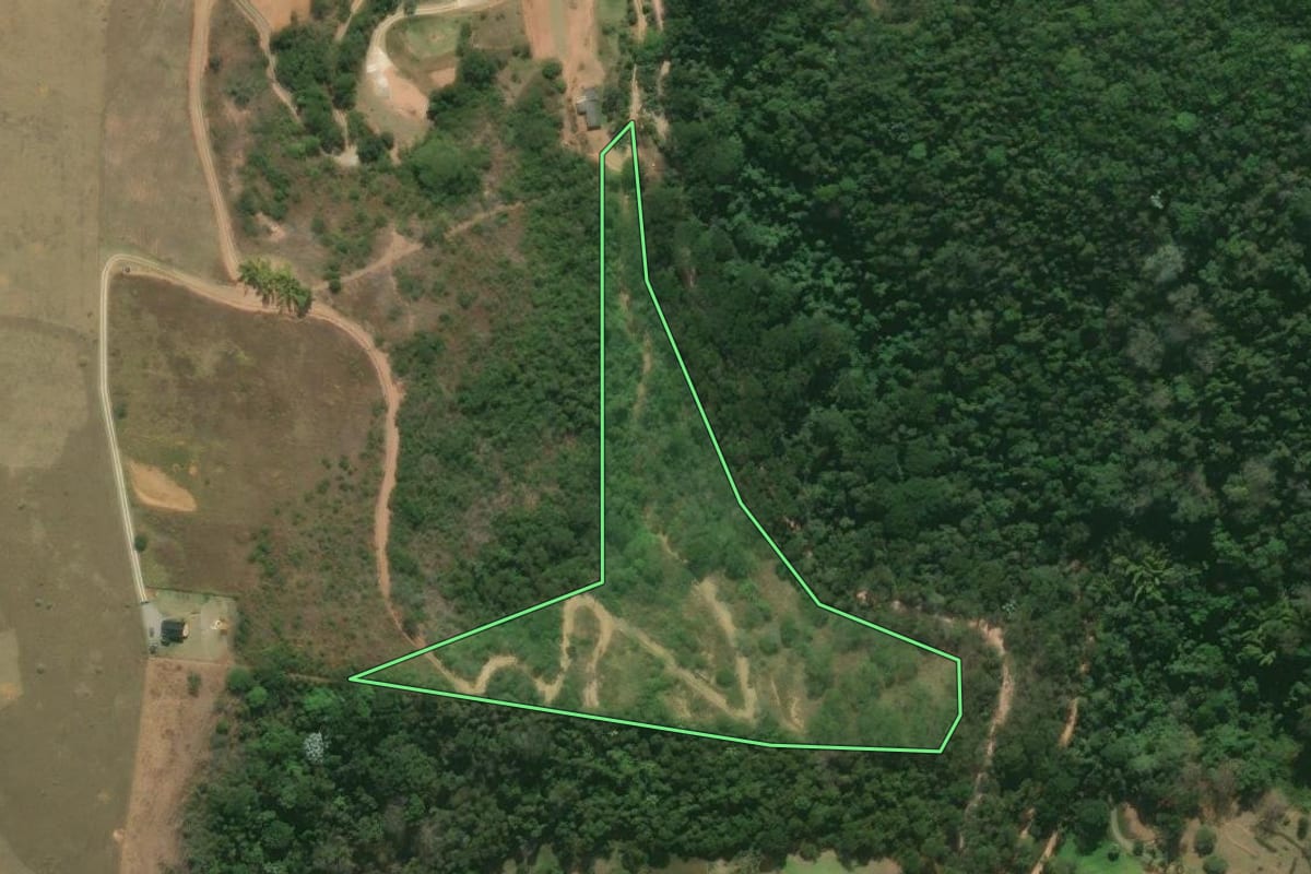 Imagem de satélite do imóvel rural em Petrópolis (RJ), com o contorno declarado no CAR desenhado por cima.