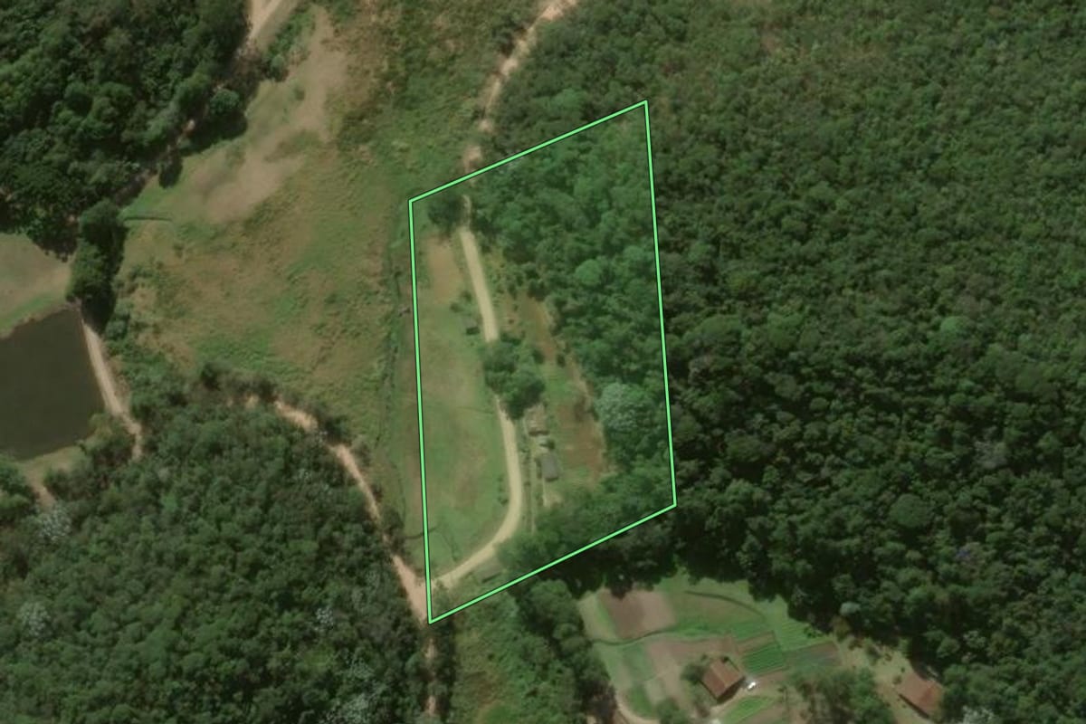 Imagem de satélite do imóvel rural em Petrópolis (RJ), com o contorno declarado no CAR desenhado por cima.