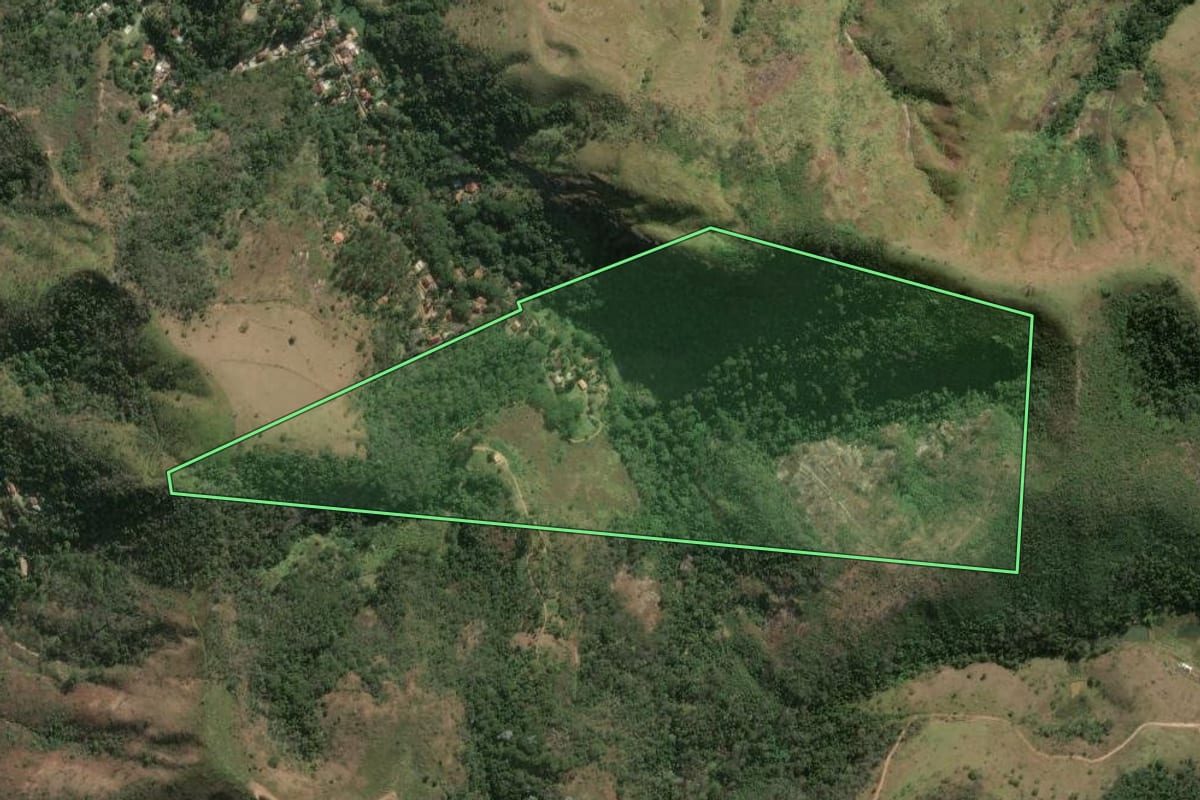 Imagem de satélite do imóvel rural em Petrópolis (RJ), com o contorno declarado no CAR desenhado por cima.
