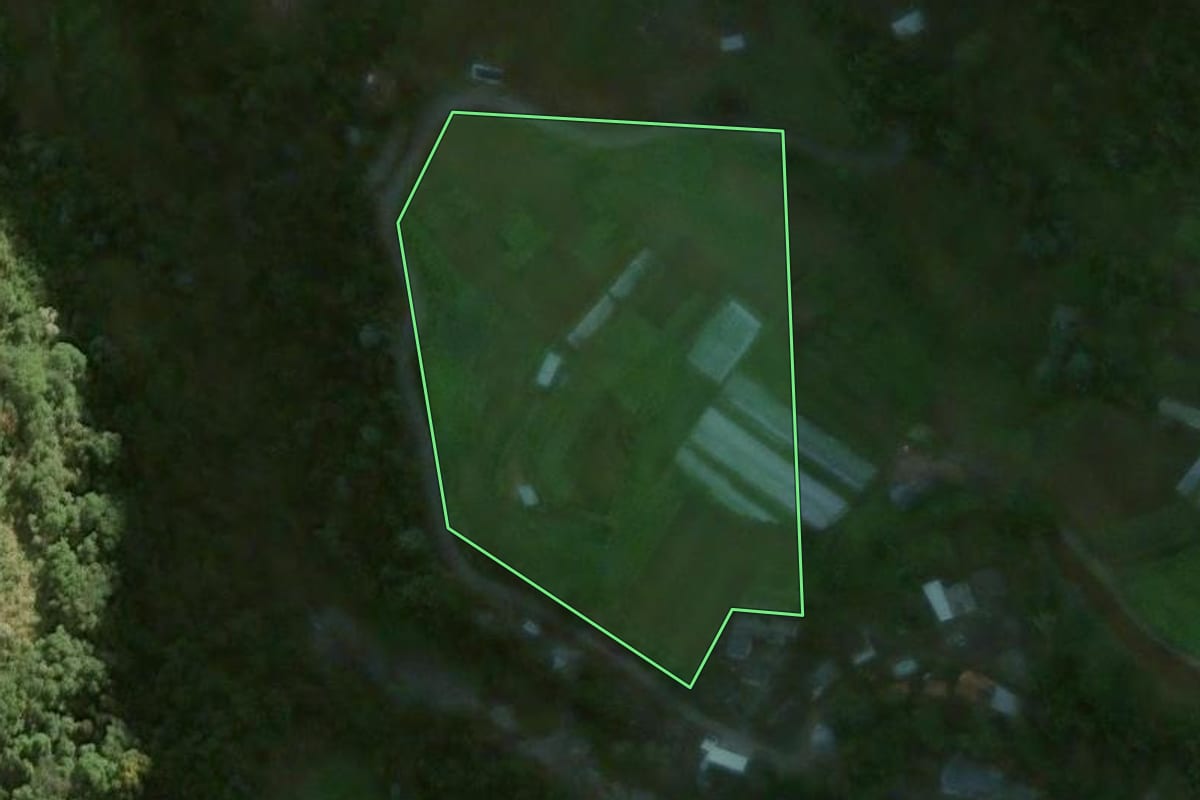 Imagem de satélite do imóvel rural em Petrópolis (RJ), com o contorno declarado no CAR desenhado por cima.