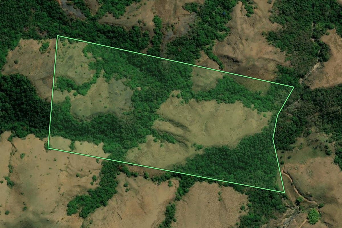 Imagem de satélite do imóvel rural em Piraí (RJ), com o contorno declarado no CAR desenhado por cima.