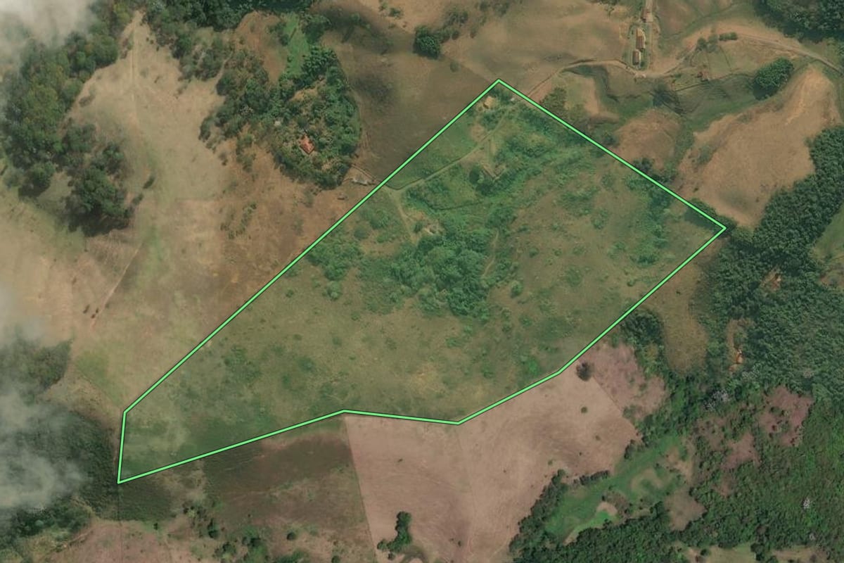 Imagem de satélite do imóvel rural em Piraí (RJ), com o contorno declarado no CAR desenhado por cima.