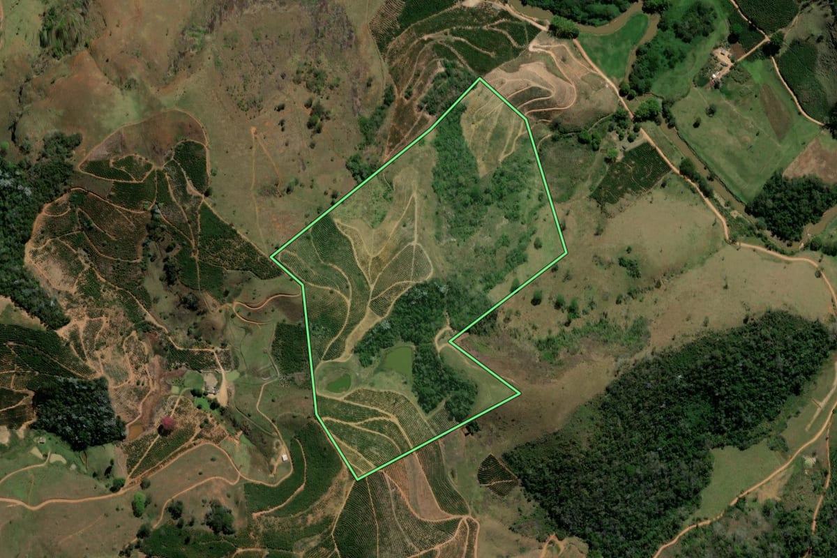 Imagem de satélite do imóvel rural em Porciúncula (RJ), com o contorno declarado no CAR desenhado por cima.