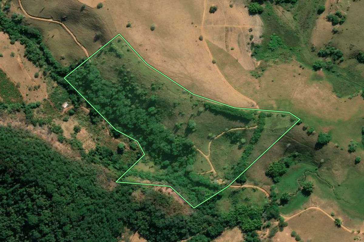 Imagem de satélite do imóvel rural em Porciúncula (RJ), com o contorno declarado no CAR desenhado por cima.