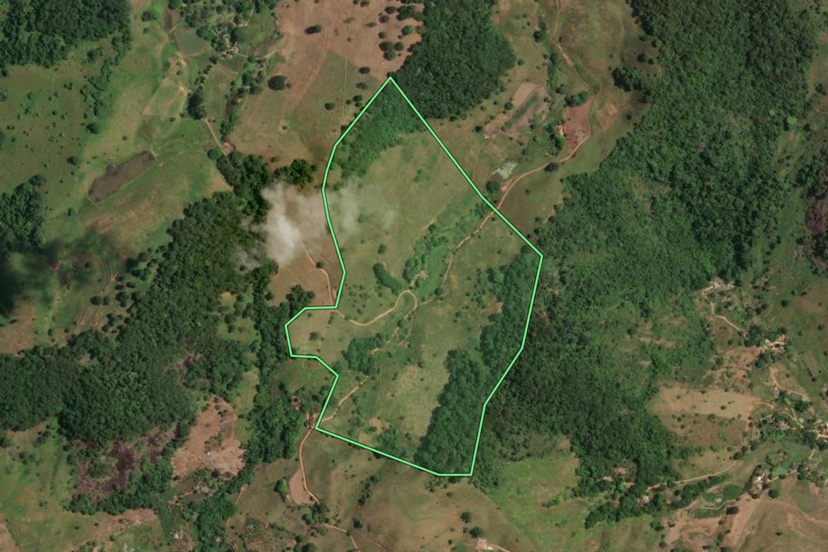 Imagem de satélite do imóvel rural em Porciúncula (RJ), com o contorno declarado no CAR desenhado por cima.