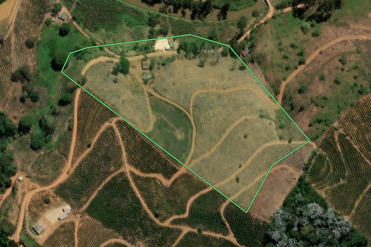 Imagem de satélite do imóvel rural em Porciúncula (RJ), com o contorno declarado no CAR desenhado por cima.