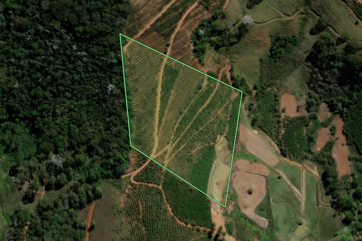 Imagem de satélite do imóvel rural em Porciúncula (RJ), com o contorno declarado no CAR desenhado por cima.