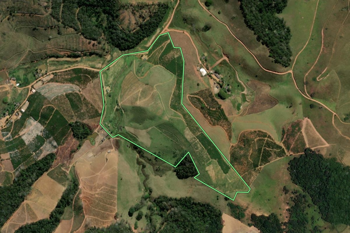 Imagem de satélite do imóvel rural em Porciúncula (RJ), com o contorno declarado no CAR desenhado por cima.