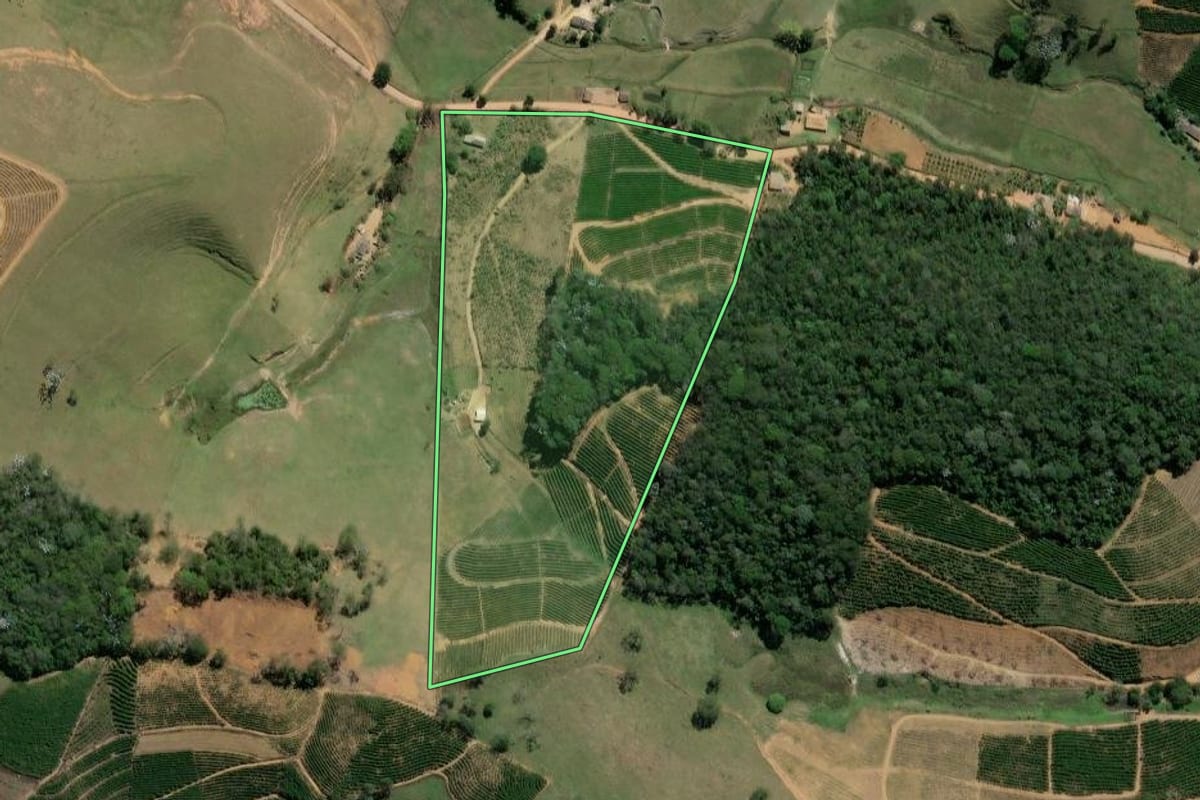 Imagem de satélite do imóvel rural em Porciúncula (RJ), com o contorno declarado no CAR desenhado por cima.