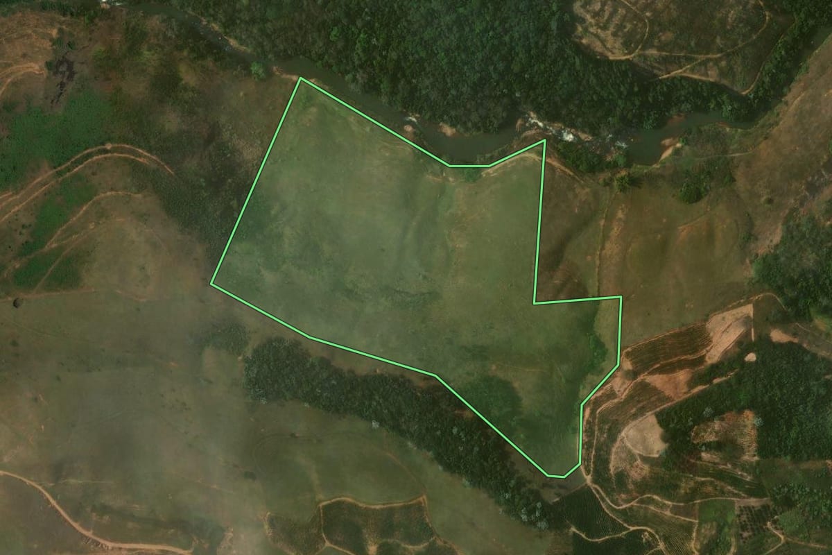 Imagem de satélite do imóvel rural em Porciúncula (RJ), com o contorno declarado no CAR desenhado por cima.