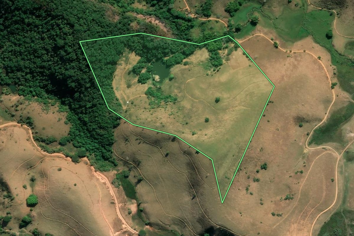 Imagem de satélite do imóvel rural em Porciúncula (RJ), com o contorno declarado no CAR desenhado por cima.