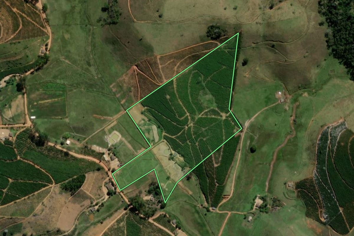 Imagem de satélite do imóvel rural em Porciúncula (RJ), com o contorno declarado no CAR desenhado por cima.