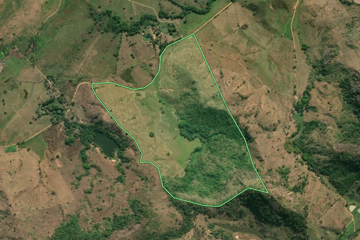 Imagem de satélite do imóvel rural em Porciúncula (RJ), com o contorno declarado no CAR desenhado por cima.