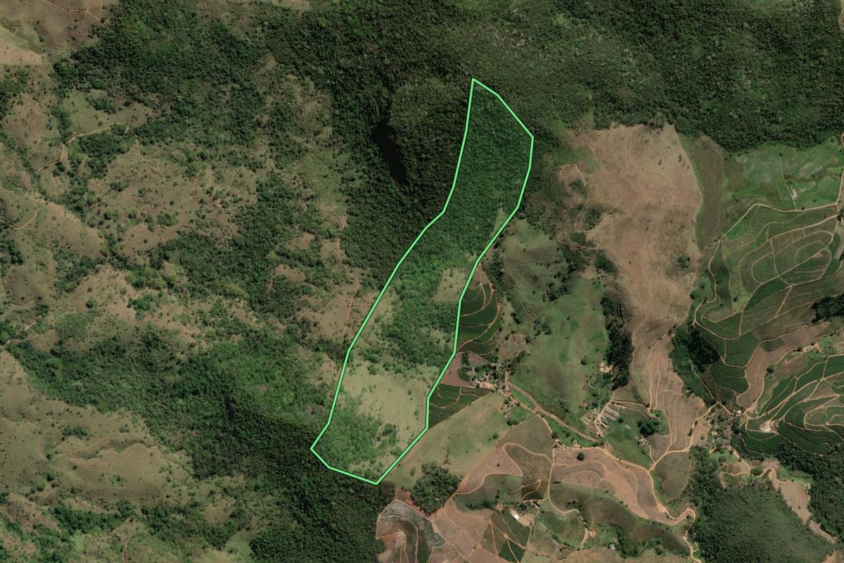 Imagem de satélite do imóvel rural em Porciúncula (RJ), com o contorno declarado no CAR desenhado por cima.