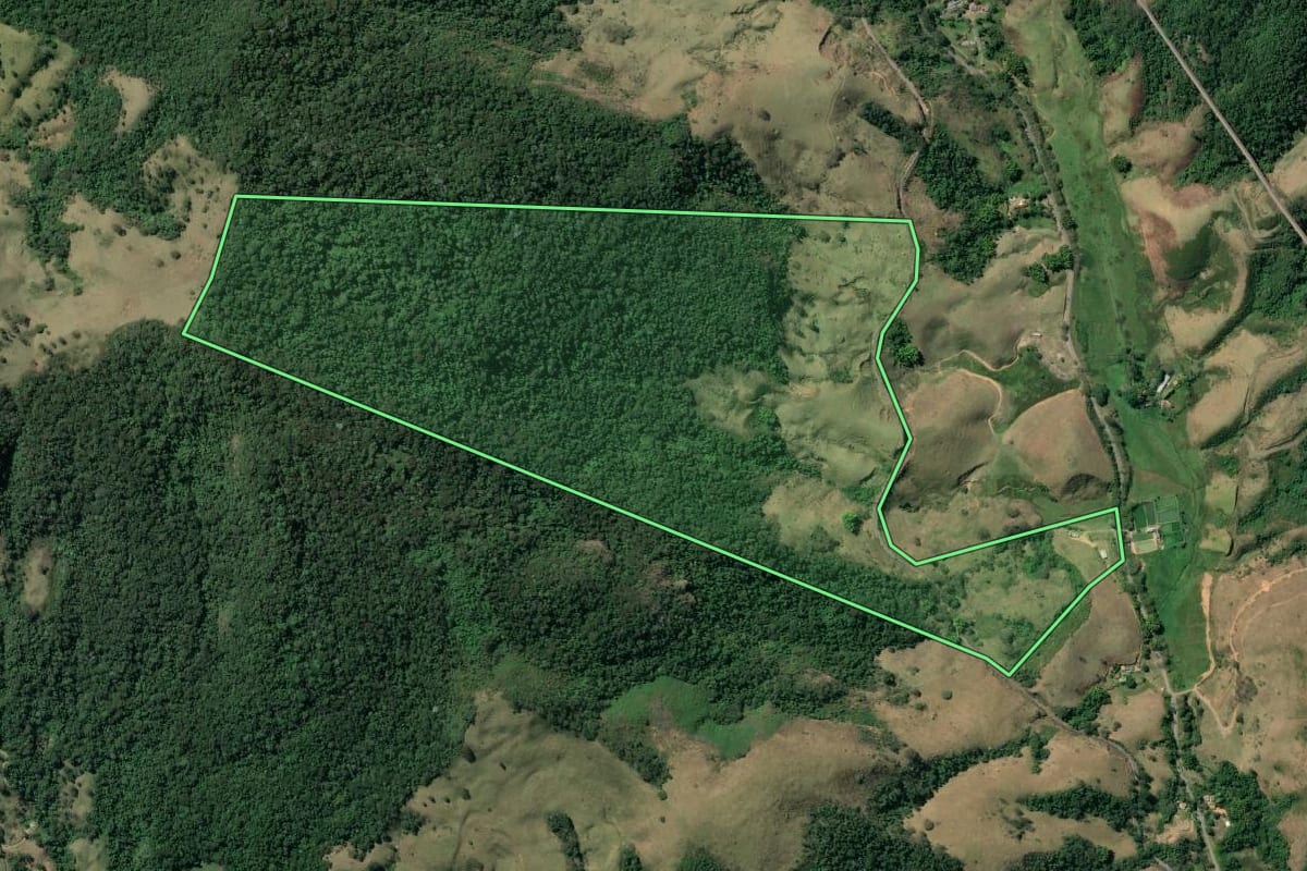 Imagem de satélite do imóvel rural em Quatis (RJ), com o contorno declarado no CAR desenhado por cima.