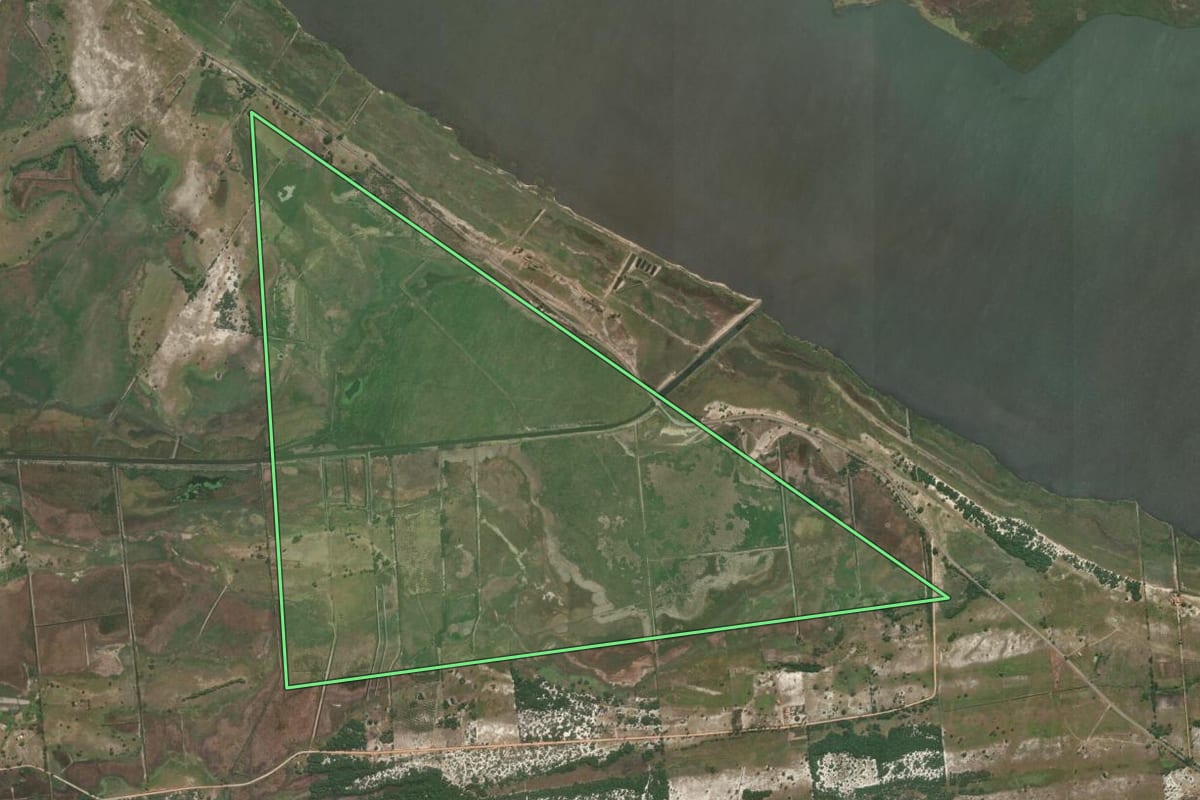 Imagem de satélite do imóvel rural em Quissamã (RJ), com o contorno declarado no CAR desenhado por cima.