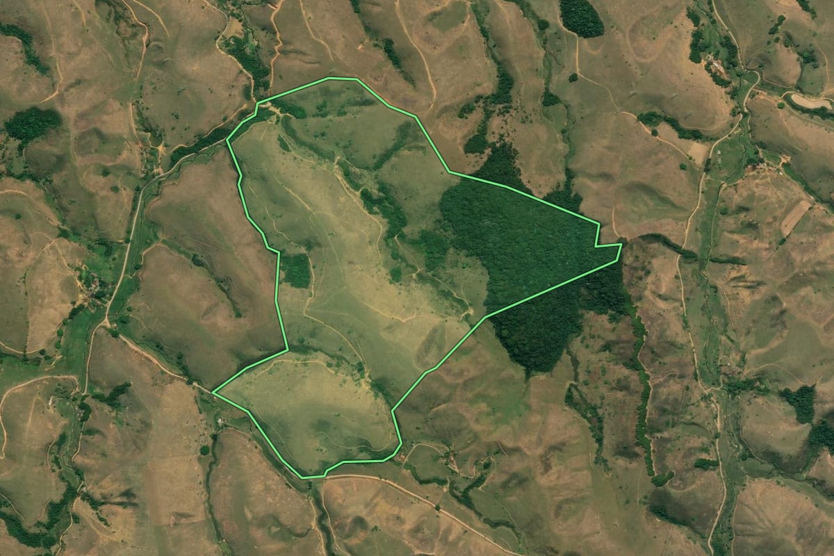 Imagem de satélite do imóvel rural em Resende (RJ), com o contorno declarado no CAR desenhado por cima.