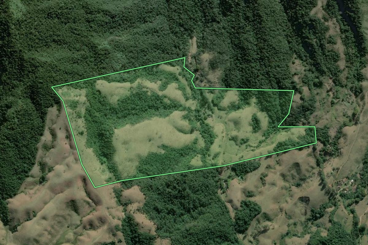 Imagem de satélite do imóvel rural em Resende (RJ), com o contorno declarado no CAR desenhado por cima.