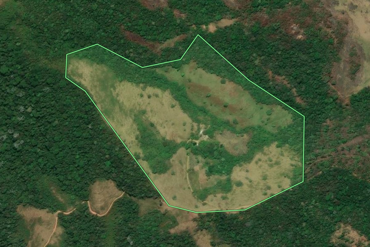 Imagem de satélite do imóvel rural em Resende (RJ), com o contorno declarado no CAR desenhado por cima.