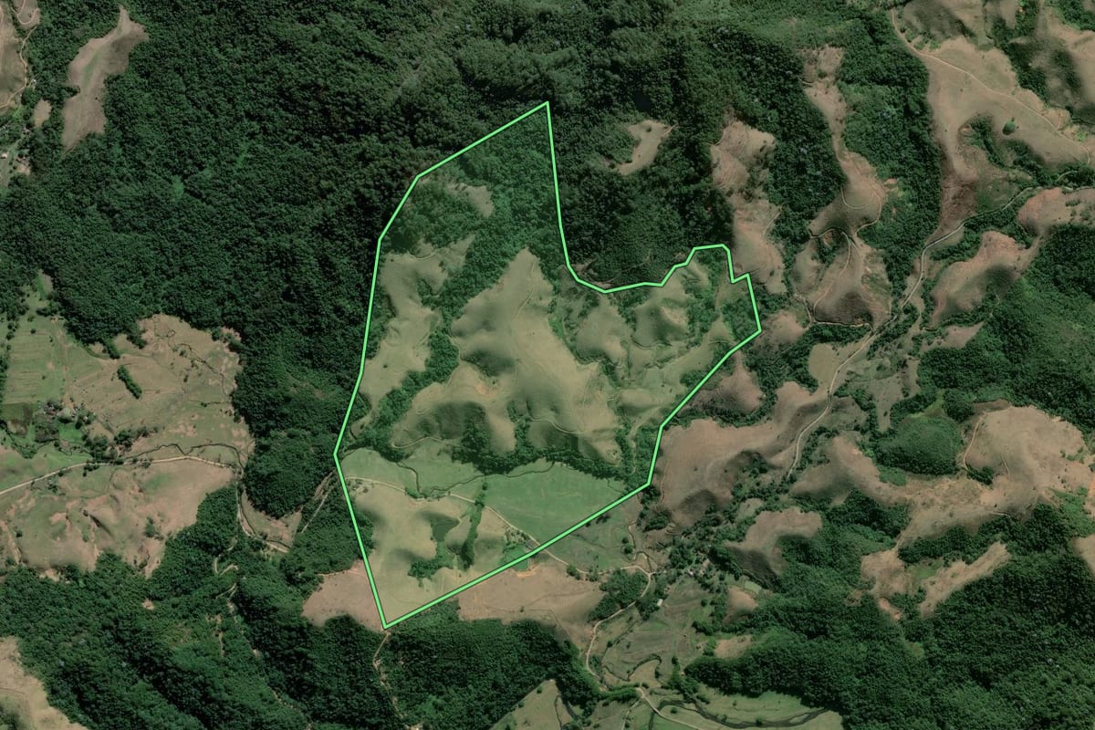 Imagem de satélite do imóvel rural em Resende (RJ), com o contorno declarado no CAR desenhado por cima.