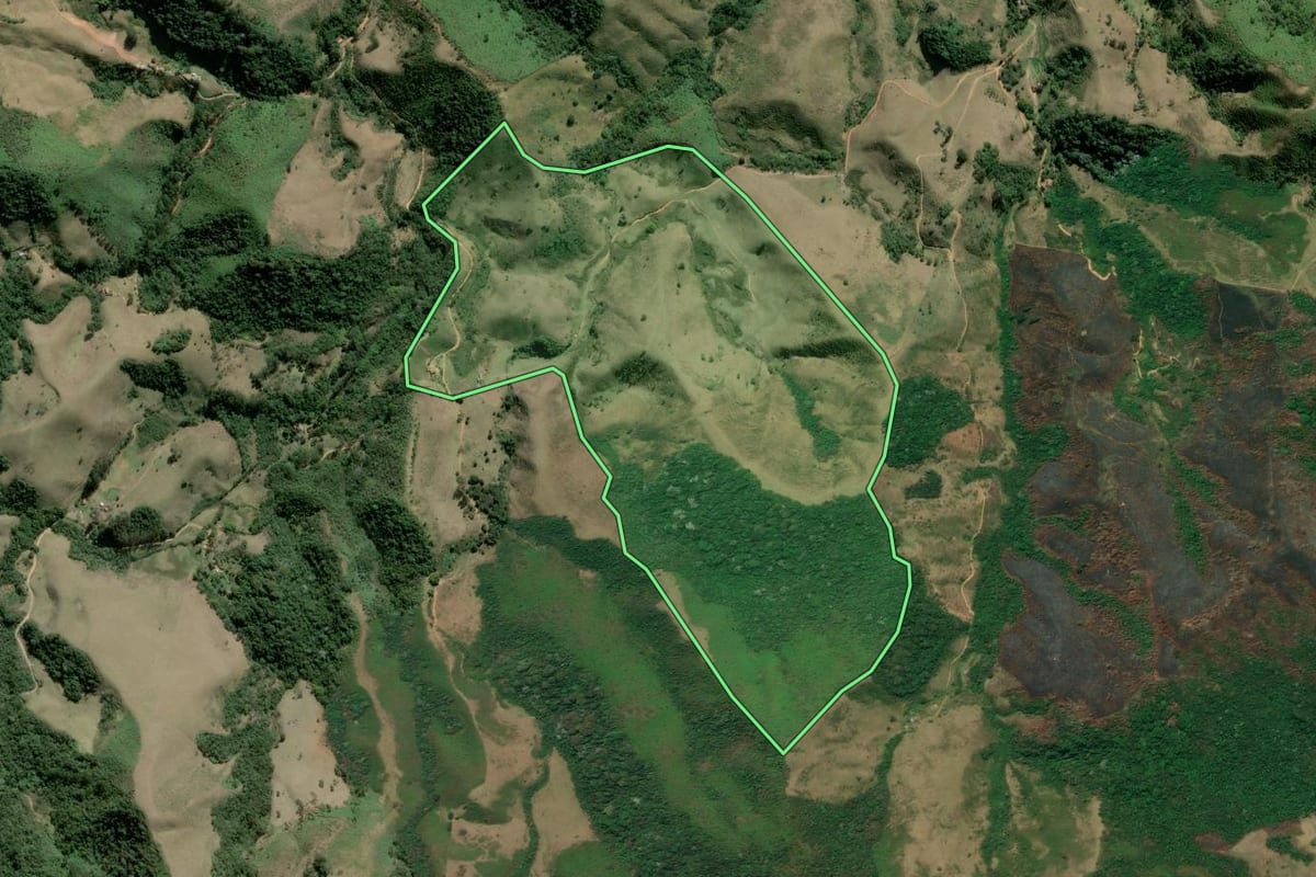 Imagem de satélite do imóvel rural em Resende (RJ), com o contorno declarado no CAR desenhado por cima.