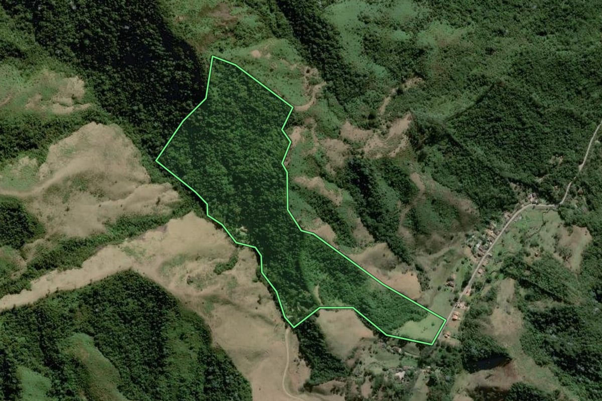 Imagem de satélite do imóvel rural em Resende (RJ), com o contorno declarado no CAR desenhado por cima.