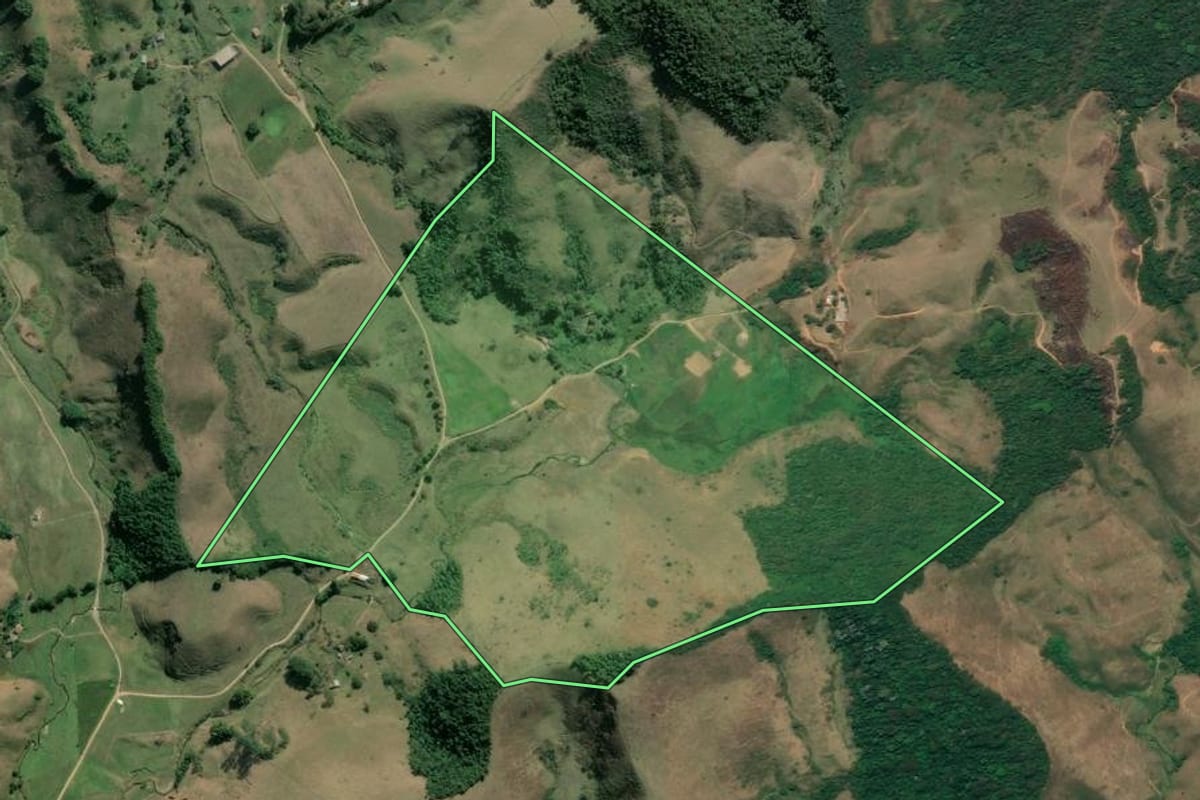 Imagem de satélite do imóvel rural em Resende (RJ), com o contorno declarado no CAR desenhado por cima.