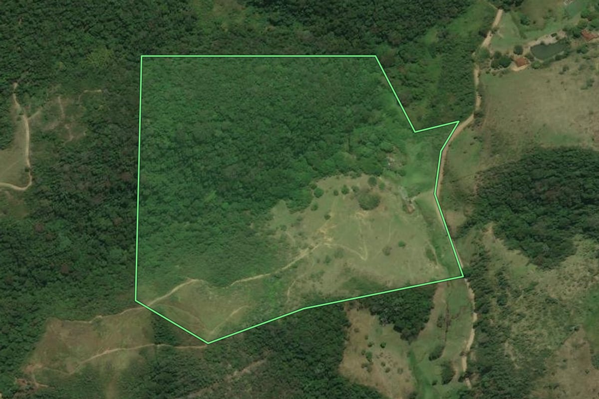 Imagem de satélite do imóvel rural em Rio Bonito (RJ), com o contorno declarado no CAR desenhado por cima.