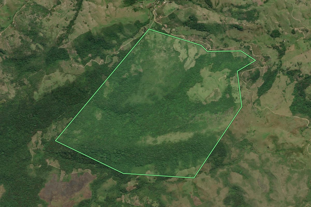 Imagem de satélite do imóvel rural em Rio Bonito (RJ), com o contorno declarado no CAR desenhado por cima.