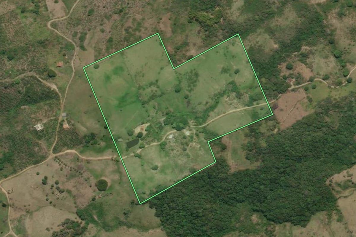 Imagem de satélite do imóvel rural em Rio Bonito (RJ), com o contorno declarado no CAR desenhado por cima.