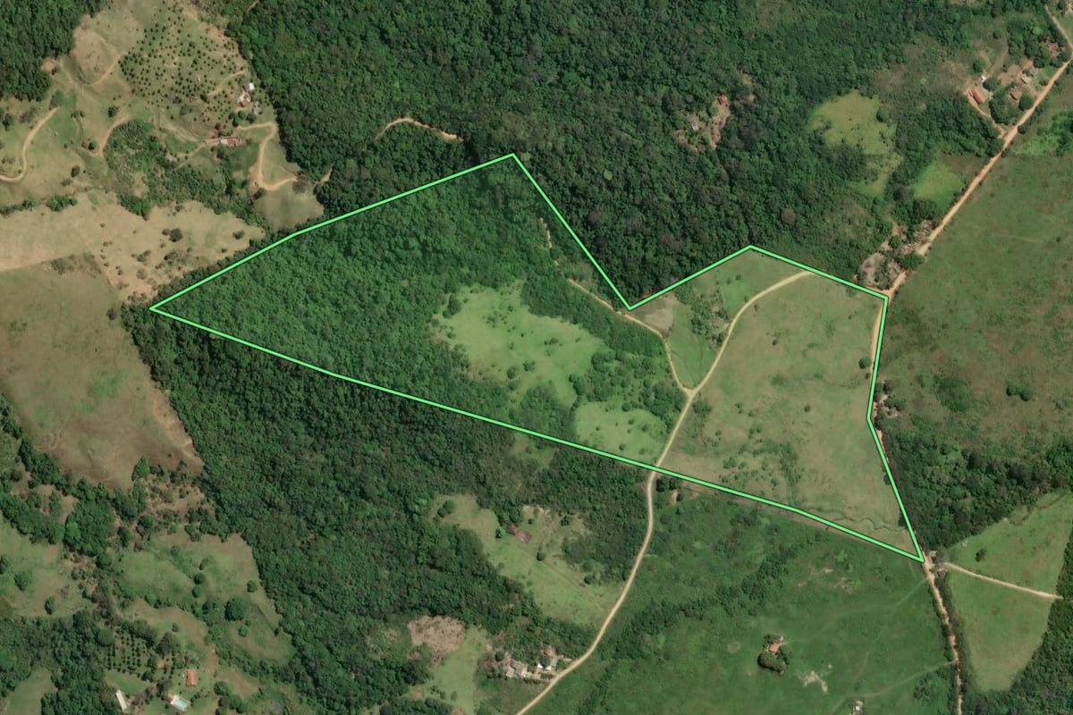 Imagem de satélite do imóvel rural em Rio Bonito (RJ), com o contorno declarado no CAR desenhado por cima.