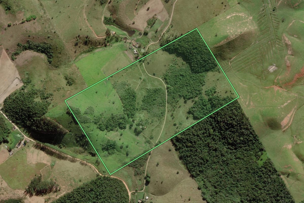 Imagem de satélite do imóvel rural em Rio Bonito (RJ), com o contorno declarado no CAR desenhado por cima.