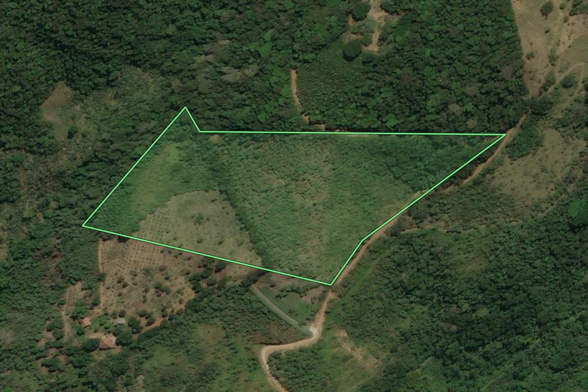 Imagem de satélite do imóvel rural em Rio Bonito (RJ), com o contorno declarado no CAR desenhado por cima.