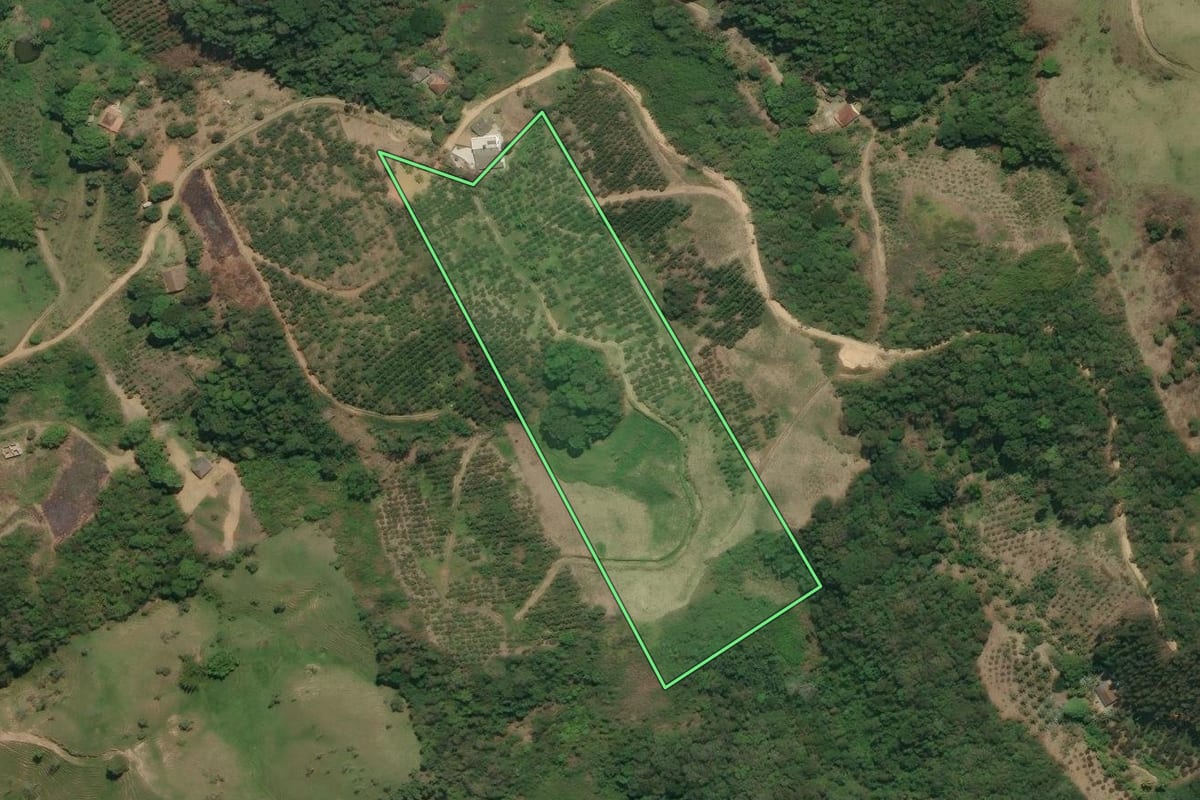 Imagem de satélite do imóvel rural em Rio Bonito (RJ), com o contorno declarado no CAR desenhado por cima.