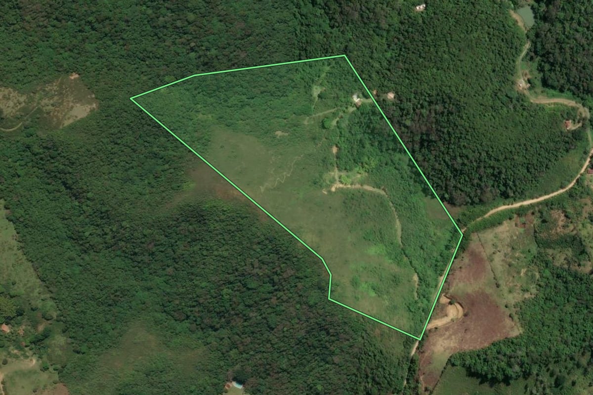 Imagem de satélite do imóvel rural em Rio Bonito (RJ), com o contorno declarado no CAR desenhado por cima.