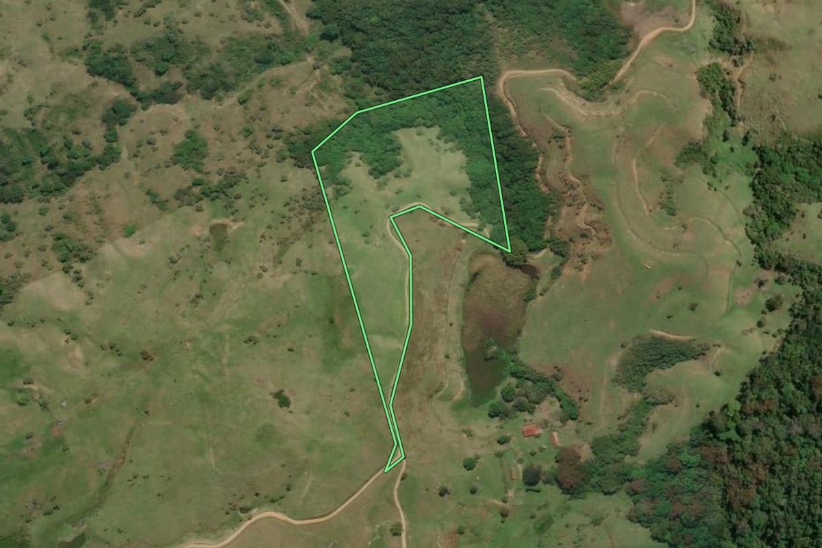 Imagem de satélite do imóvel rural em Rio Bonito (RJ), com o contorno declarado no CAR desenhado por cima.