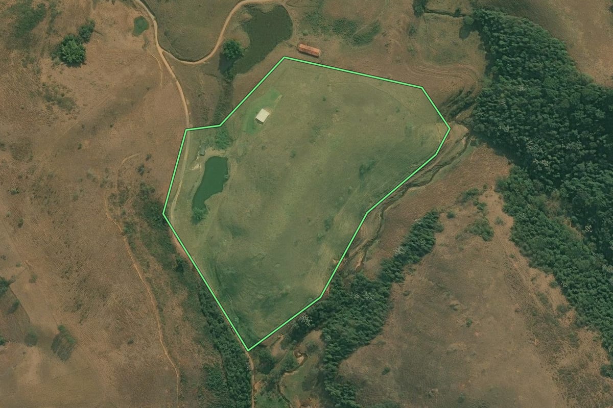 Imagem de satélite do imóvel rural em Rio Claro (RJ), com o contorno declarado no CAR desenhado por cima.