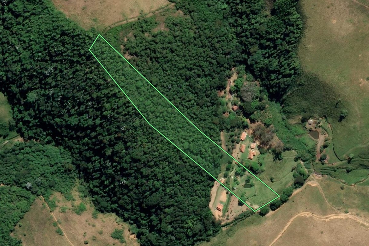 Imagem de satélite do imóvel rural em Rio Claro (RJ), com o contorno declarado no CAR desenhado por cima.