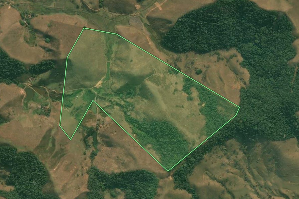 Imagem de satélite do imóvel rural em Rio Claro (RJ), com o contorno declarado no CAR desenhado por cima.