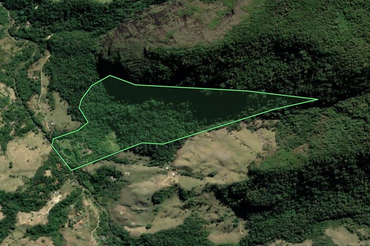 Imagem de satélite do imóvel rural em Rio Claro (RJ), com o contorno declarado no CAR desenhado por cima.