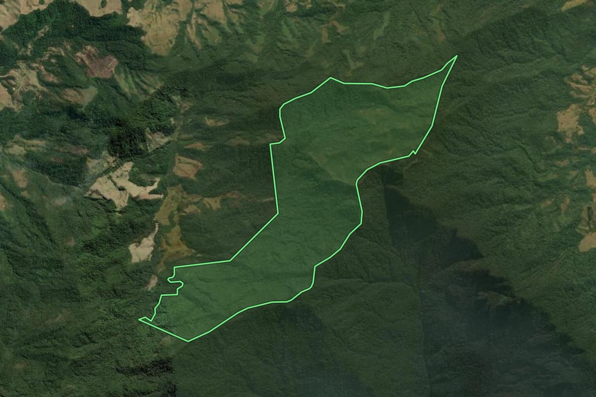 Imagem de satélite do imóvel rural em Rio Claro (RJ), com o contorno declarado no CAR desenhado por cima.